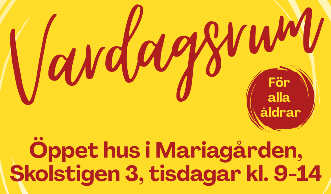 Vardagsrum info, röd text på gul botten